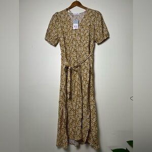 Primark Cares Womens Floral Tan Midi Dress XS Boho Cottagecore Indie Casual Fall